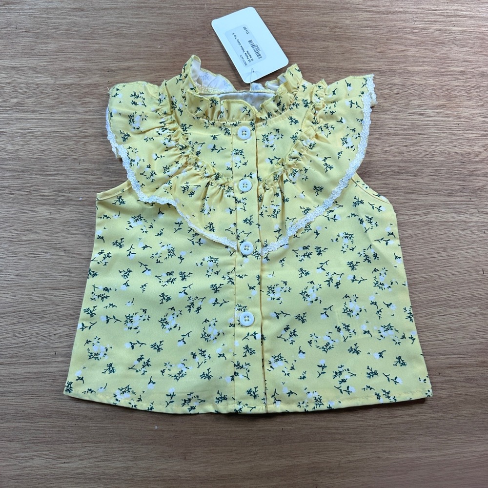 Petunia Pudding Girls 12M Yellow Floral Ruffle Sleeveless Button Top NWT